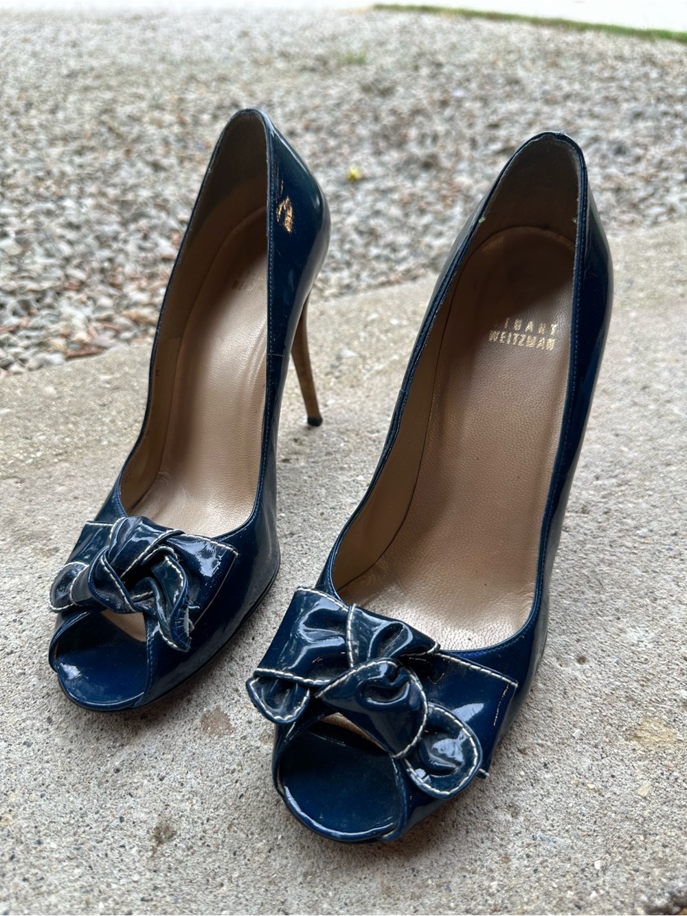 Stuart Weitzman Navy Patent Peep-Toe Bow Stiletto Pumps